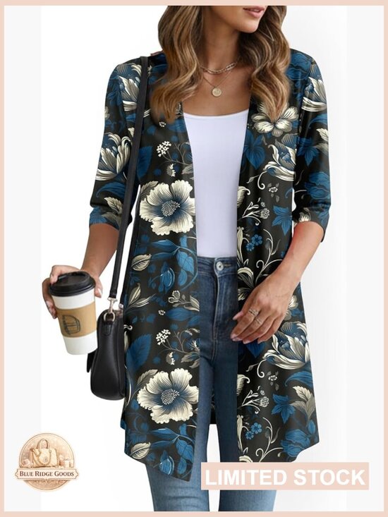 Sweaters - Lightweight Knit Cardigan Open Front 3/4 Sleeve Loose Fit Casual Layering